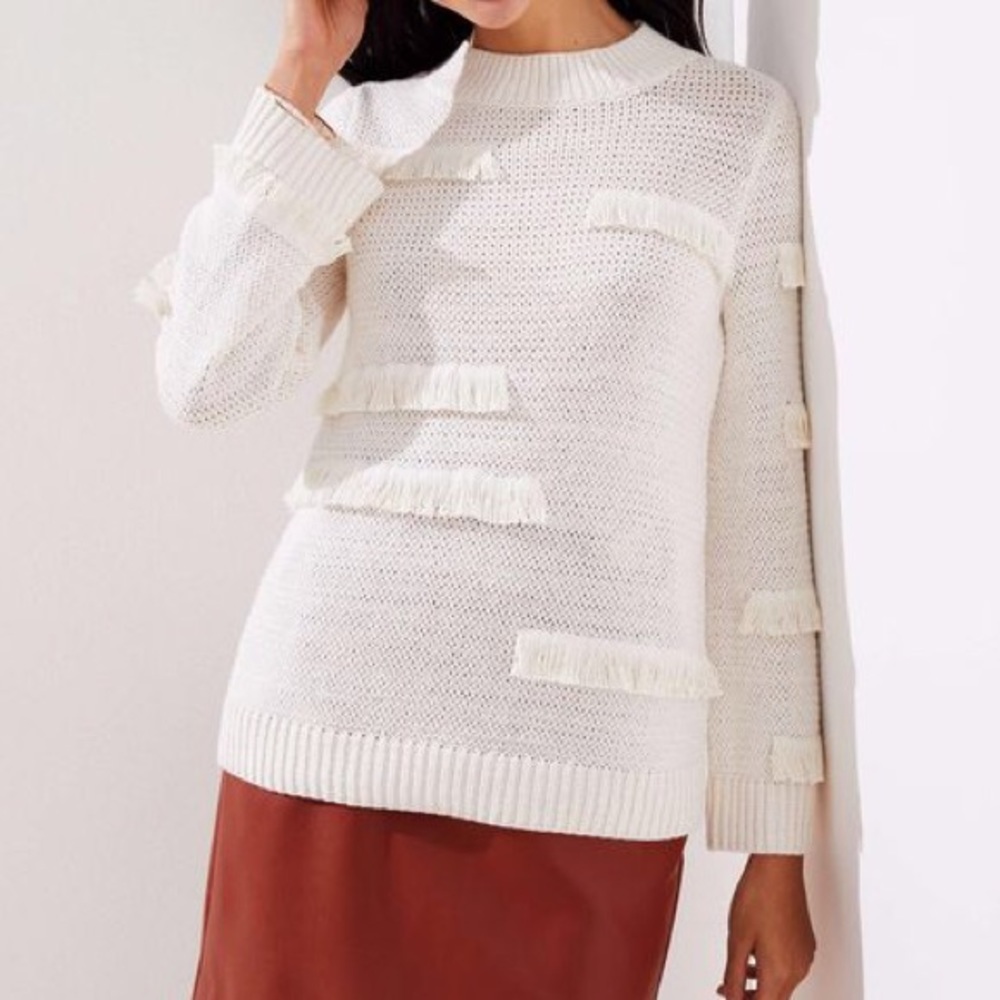 NWT LOFT Abstract Fringe Sweater White Medium cotton